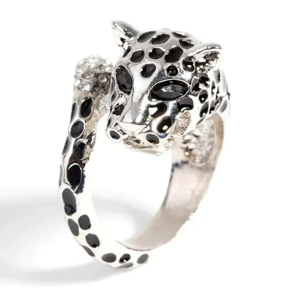 LOVISA LEOPARD SILVER/BLACK ENAMEL CLEAR & BLACK CRYSTALS RING SZ 8**NEW! - Picture 1 of 4